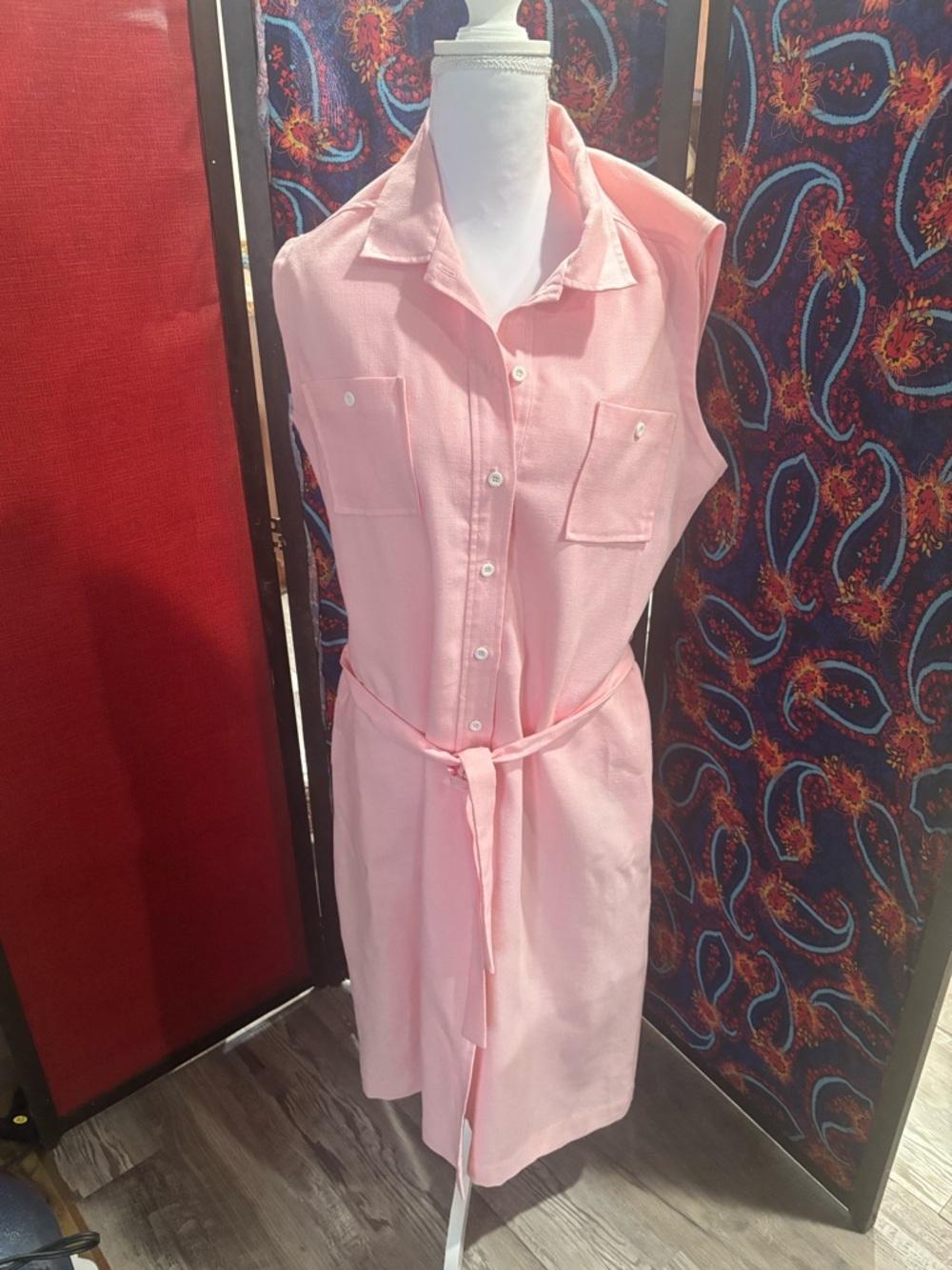 ORVIS Sleeveless Pink Shirt Dress with Tie Waist